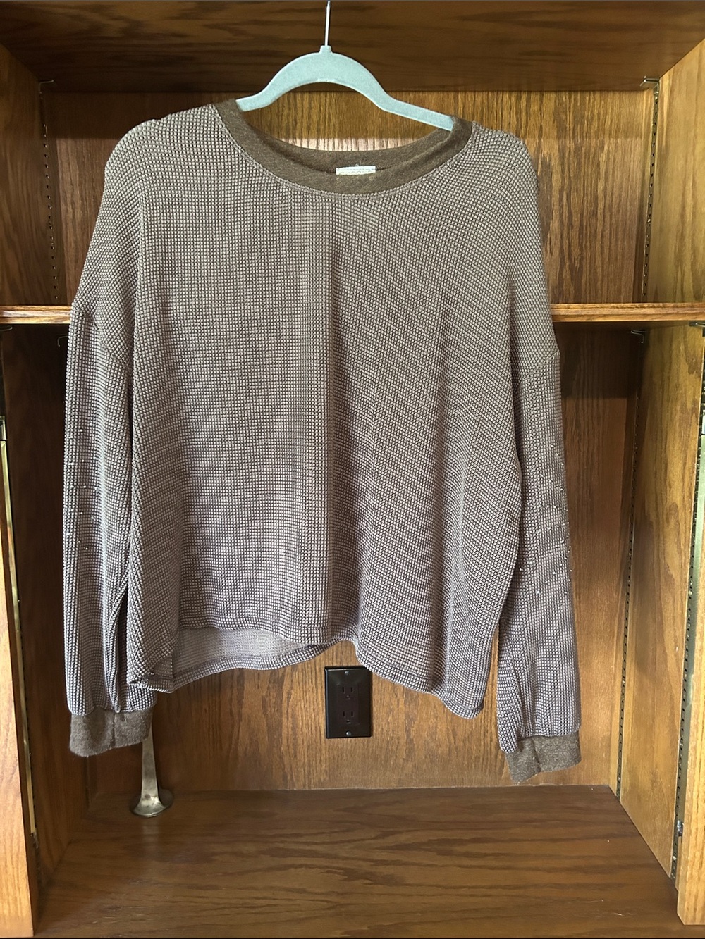 Vocal Waffle-Knit Crewneck Sweater in Mauve Taupe Rhinestone Elbow